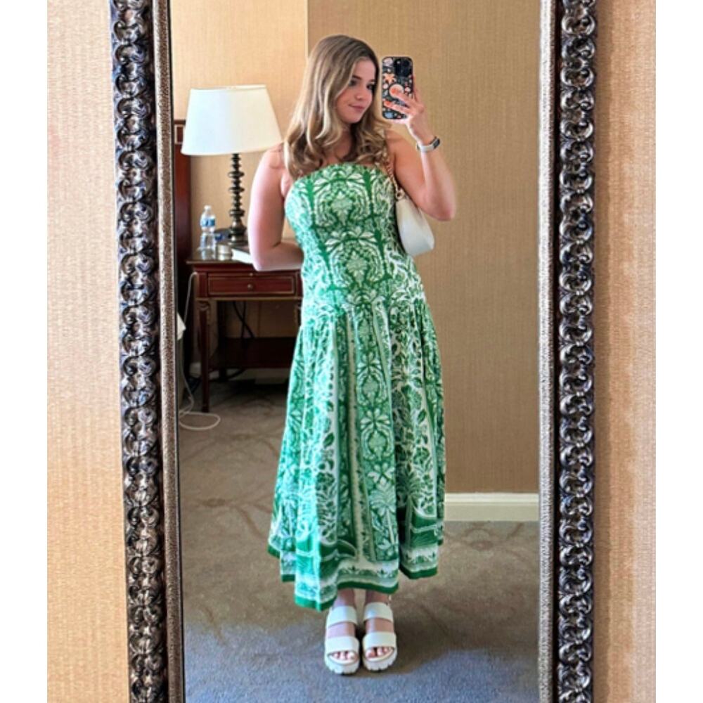 FARM RIO Delicate Tapestry Green Linen Midi Dress Size Small NEW - Picture 4 of 13